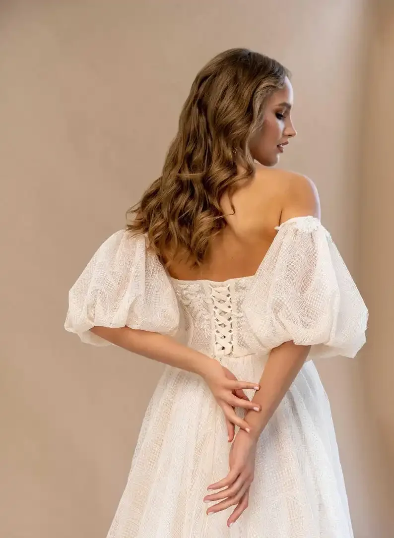 Simple Bridal Dress Lace Embroidered Wedding Dress Lantern Sleeve Dresses Nude Boho Bridal Gown Corset Custom Wedding Dress