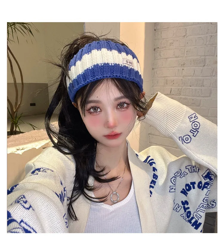 

Korean Hip-hop Color Block Girl's Autumn and Winter Striped Wide Brim Headband/warm Wool Knitting Headband