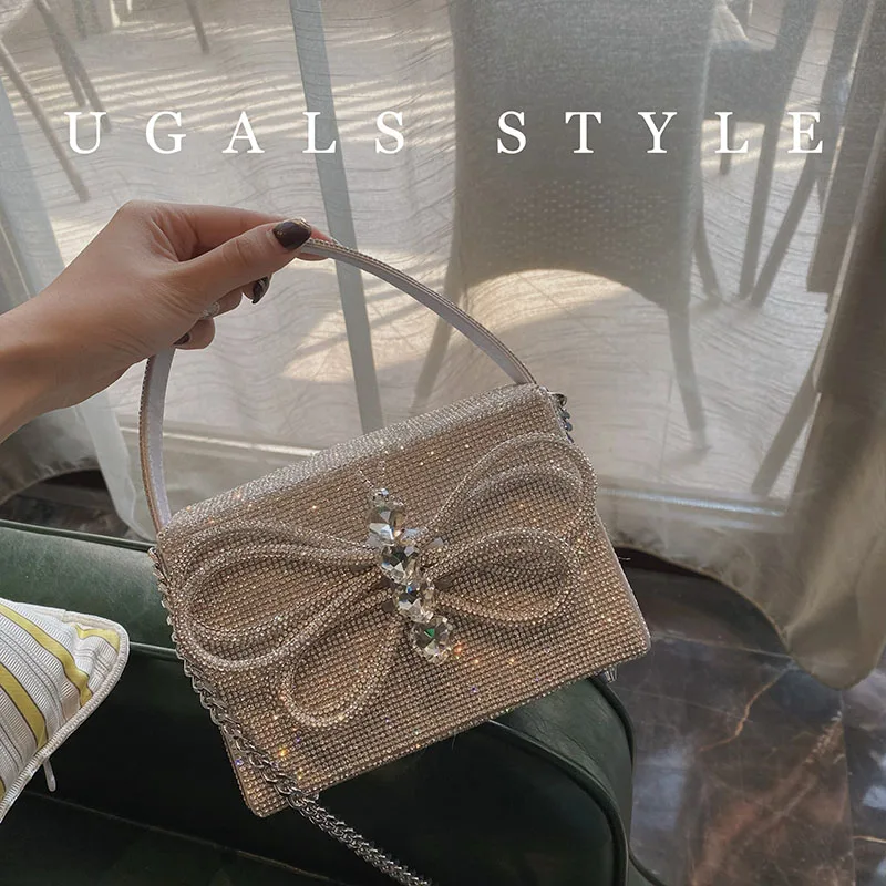 Women's Handbag Glitter Bow Knot Square Bag Bling Shiny Rhinestones Diamond Evening Bag Wedding Party Clutch Purse Messenger Bag