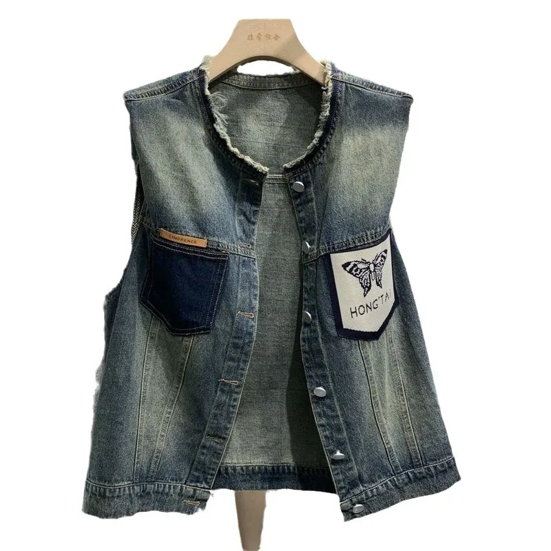 Women's Loose Jeans Vest, Blue Streetwear, Collarless Jacket, Short Tops, High Quality Clothing, Autumn, New Fashion, 2024