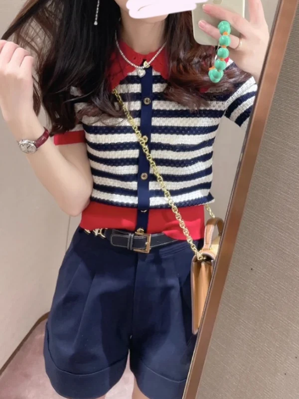 

Новинка: Женский модный топ Sweet ort Sve – вязаный свитер с вырезами, воротником-куклой, в полоску, с цветовыми блоками, летний