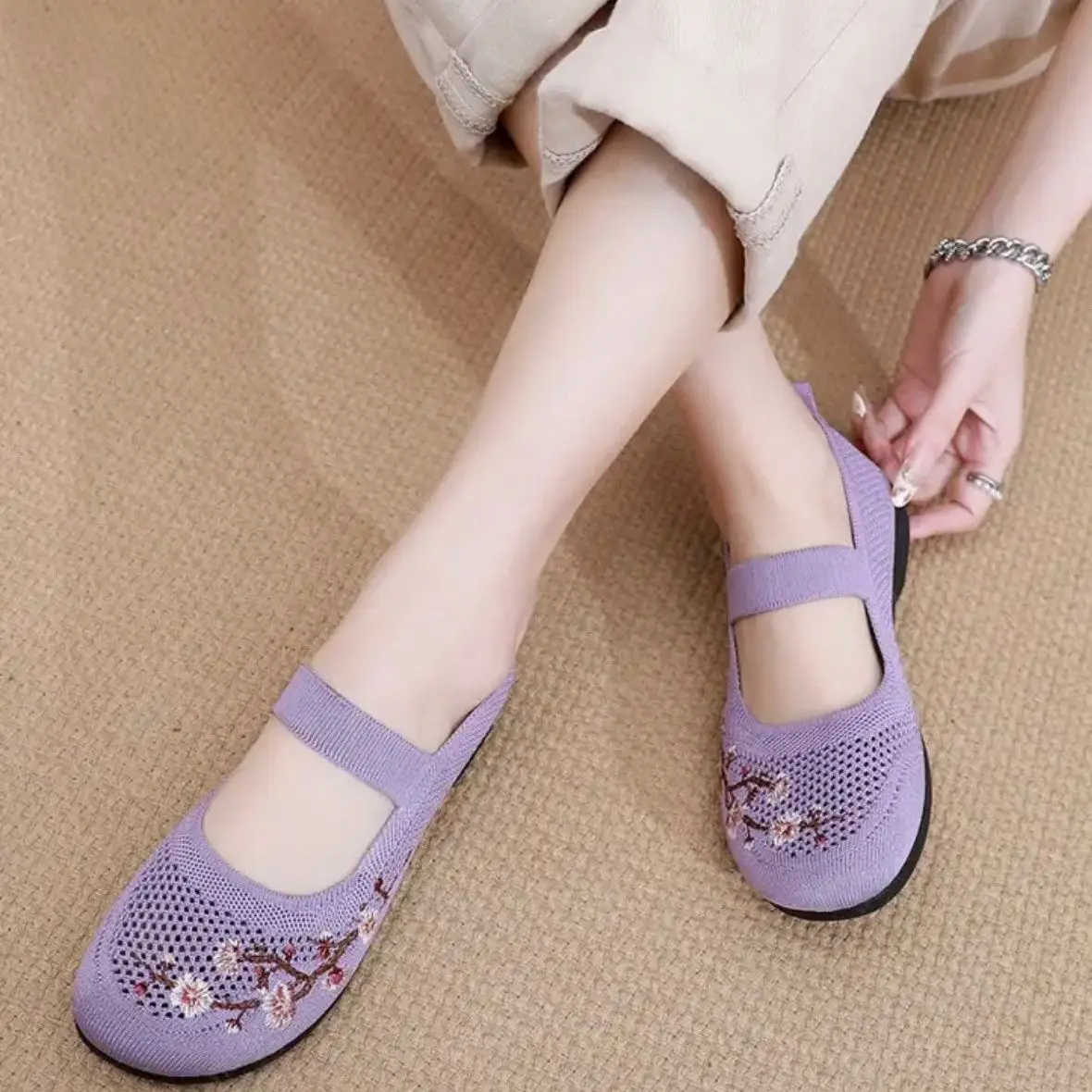 Fashion Mesh Purple Strappy Flats Women's Walking Beach Shoes Lightweight Non-Slip Mary Jane Loafer Ladies Knit Embroidery Shoes