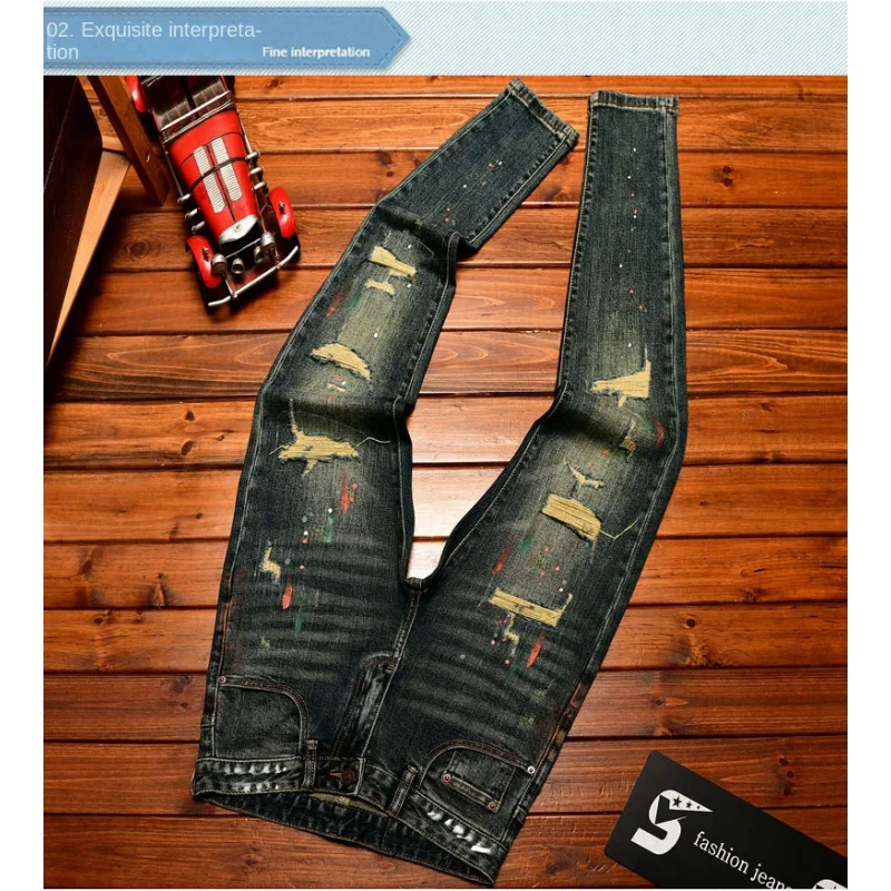 

Broken hole patch jeans for men 2025 new men's clothing paint printing trend design retro nostalgic slim fit denim pants