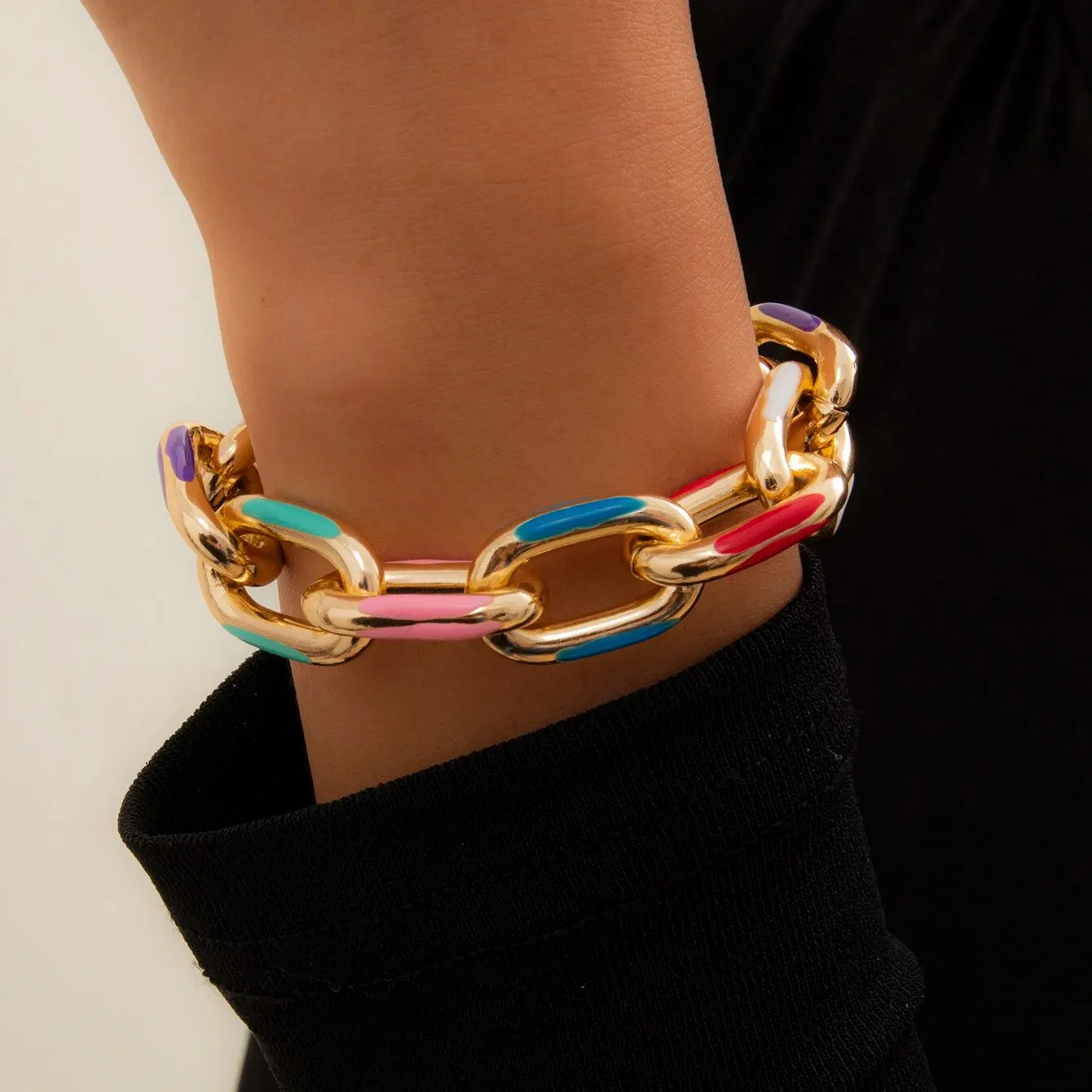 Hip Hop Punk Colorful Oil Drip Chain Bracelet for Women Goth Chunky Thick Lock Charm Bangles Grunge Jewelry Steampunk Men Gift