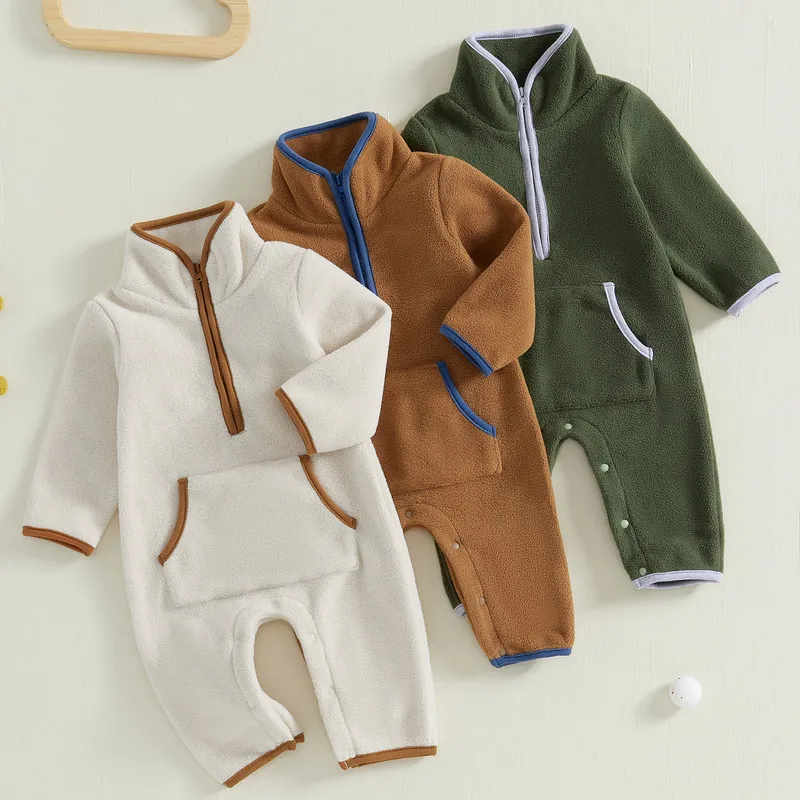 RUEWEY 0 to 12 Months Baby Boy Fleece Romper Autumn Winter Clothes Long Sleeve Stand Collar Pockets Plush Overalls with Zipper