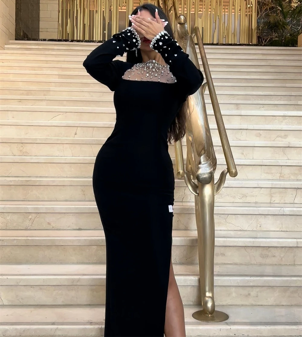 Santorini Black Side Slit Mermaid Prom Dresses Saudi Arabia Women Wear Beaded Crystals Evening Party Dress Long Sleeves Vestidos