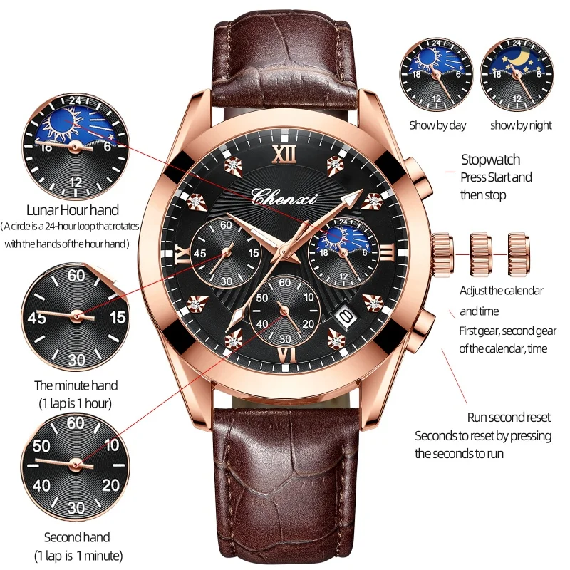 CHENXI 903 Relógio de quartzo masculino elegante cronógrafo fase da lua calendário luminoso pulseira de couro à prova d'água relógios de moda para homens