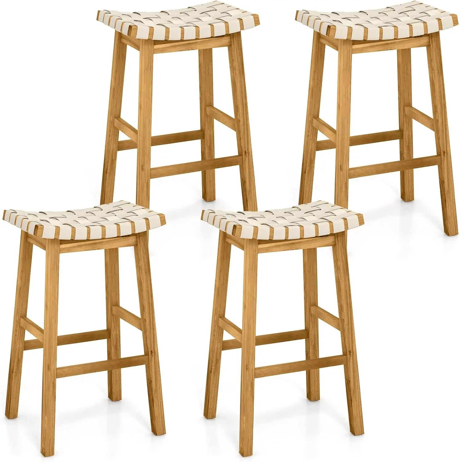 Costway Woven Saddle Stools Set Of 4, 31-Inch Vintage Counter Height Chairs With Pu Leather Woven Seat & Solid Wood Legs,