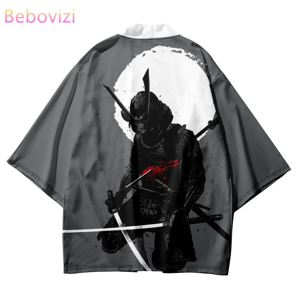 

Japanese Samurai Print Gray Kimono Men Women Oversized Cardigan Tops Fashion Traditional Clothing Summer Beach Haori