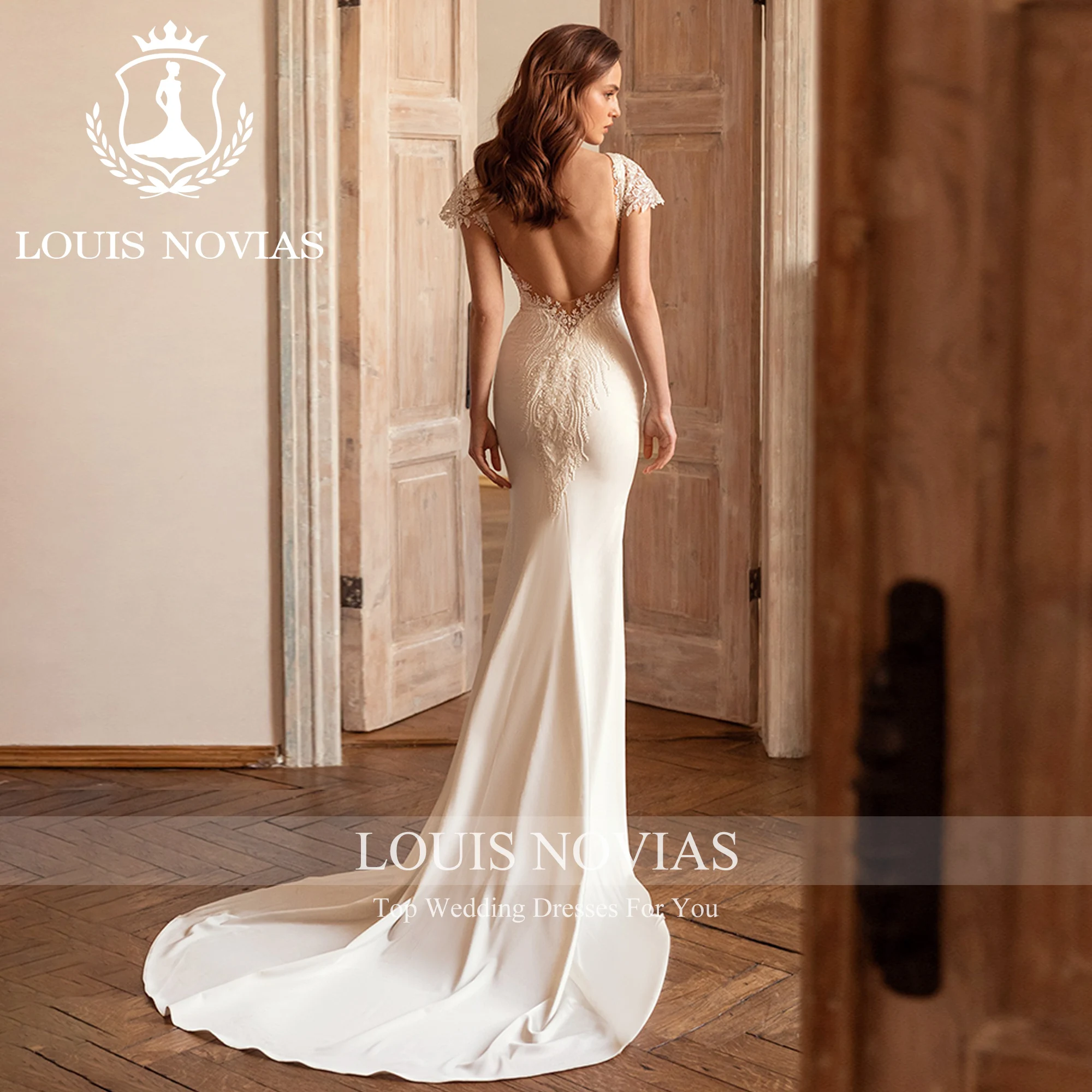 LOUIS NOVIAS Mermaid Wedding Dress 2023 Sexy Short Sleeve Appliques Backless Brush Train Trumpet Wedding Gown Vestidos De Novia