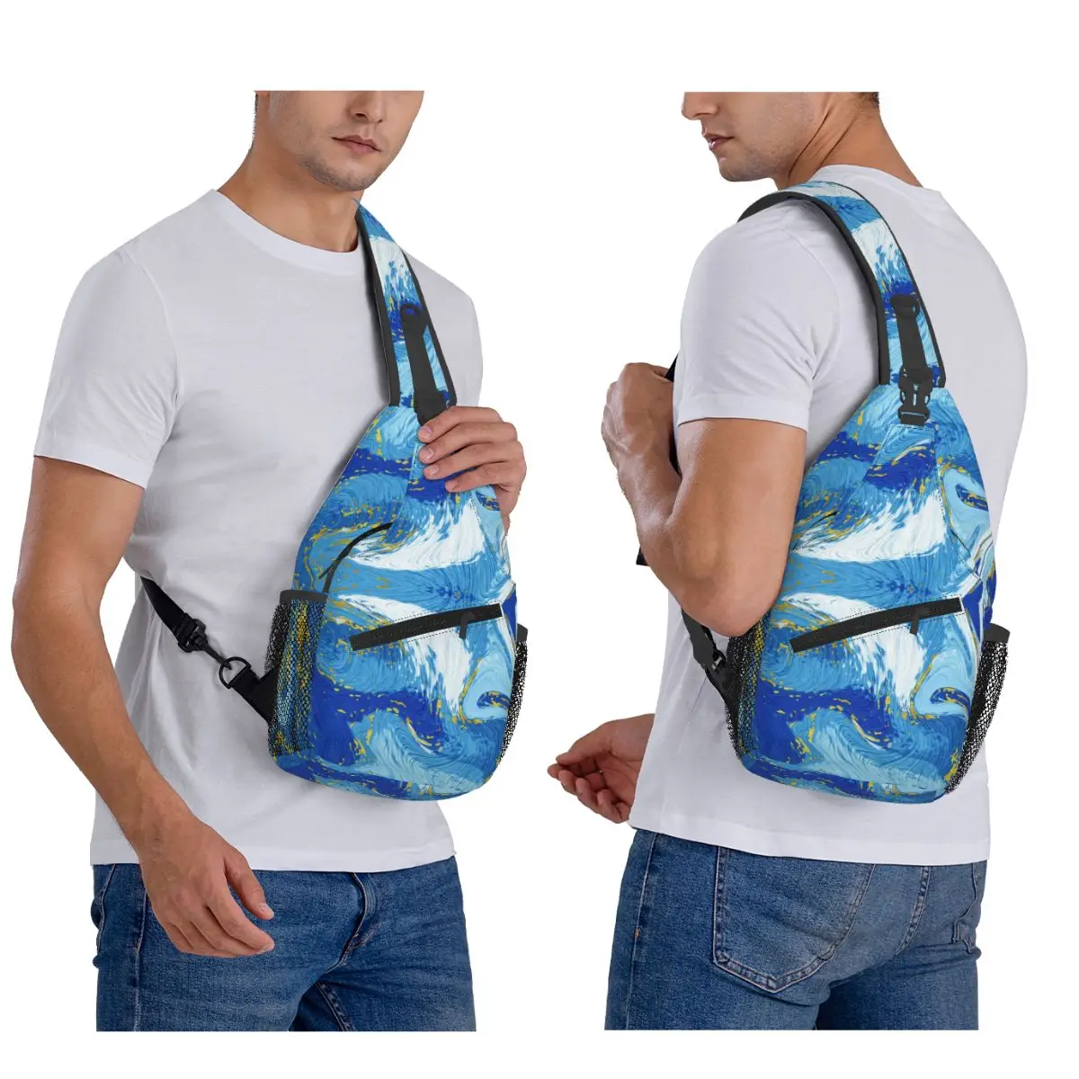 

Blue Marble Swirl Pattern Design Nautical Waves Chest Bag Men Sling Crossbody Backpack Chest Bag Traveling Daypack Shoulder Bag