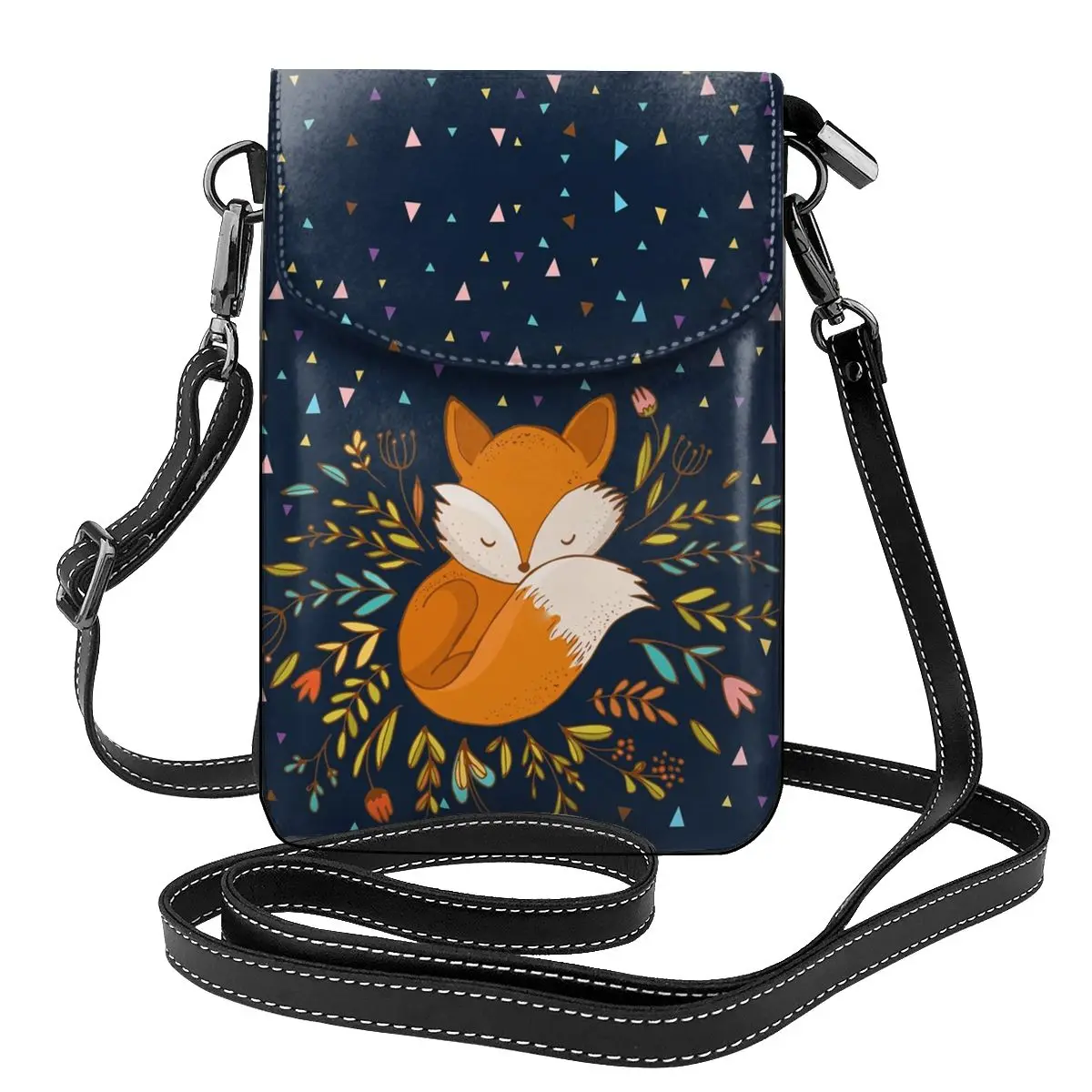 Cute Fox Flowers And Triangles Shoulder Bag Animal Lover Gift Reusable Leather Shopping Women Bags Woman Fashion Purse