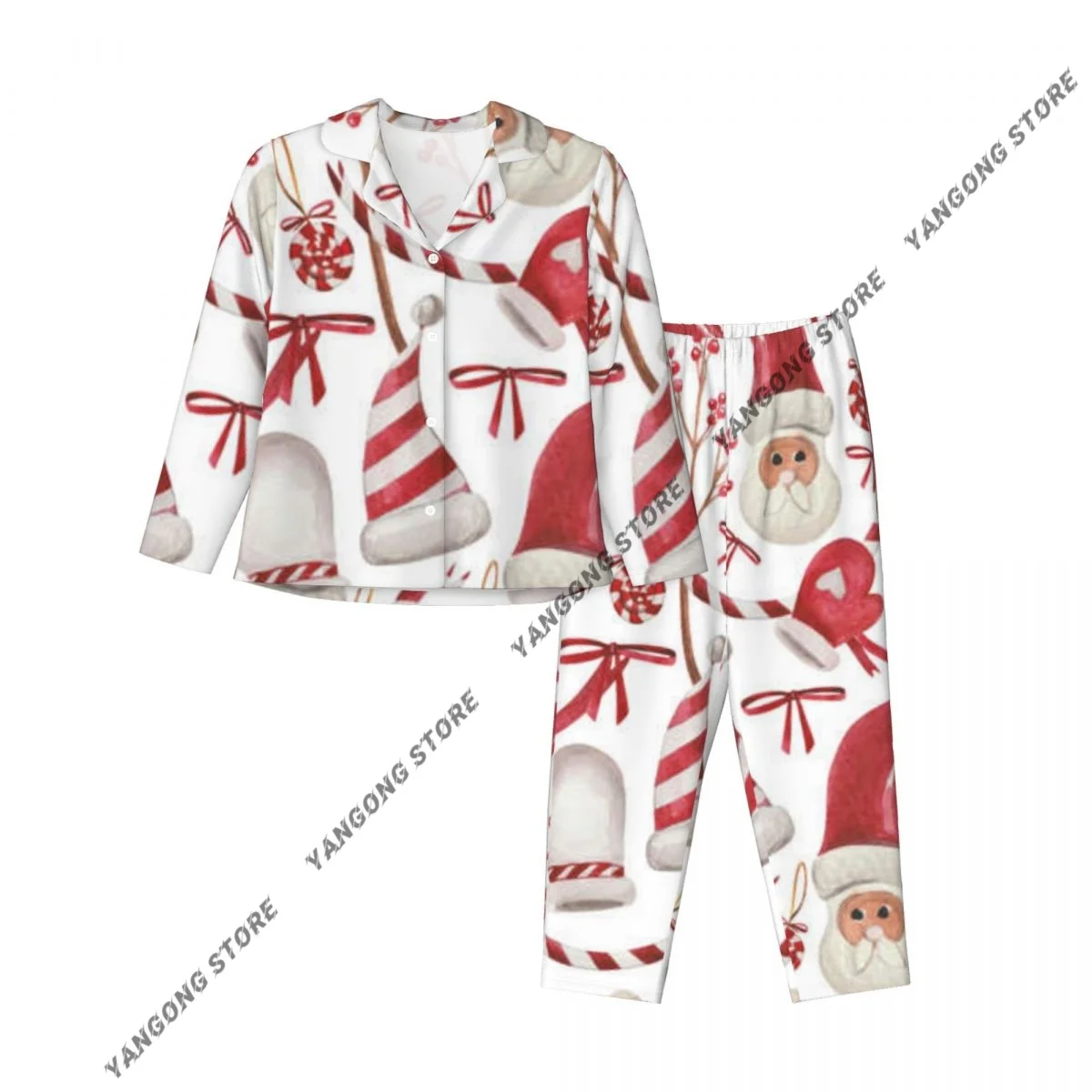 ملابس نوم نسائية ملابس نوم لحلوى عيد الميلاد وقفازات وأشرطة وأكمام طويلة ورقبة على شكل طية صدر السترة ومجموعة بيجامات بخصر مطاطي #3