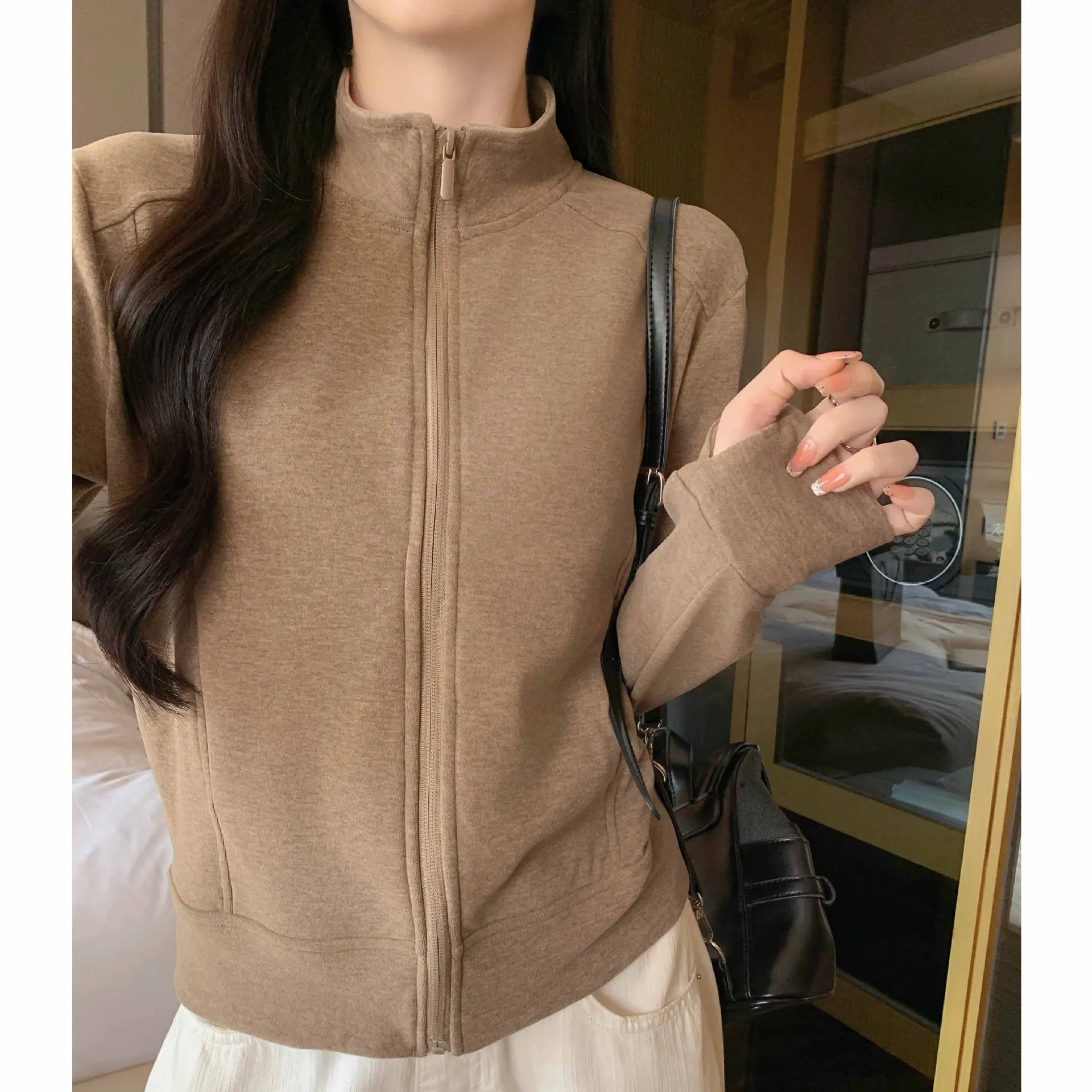 Women's Solid Color Zip Up Stand Collar Short Jacket Slim Comfortable Versatile Casual Daily Wear Stylish Outerwear Short Jacket