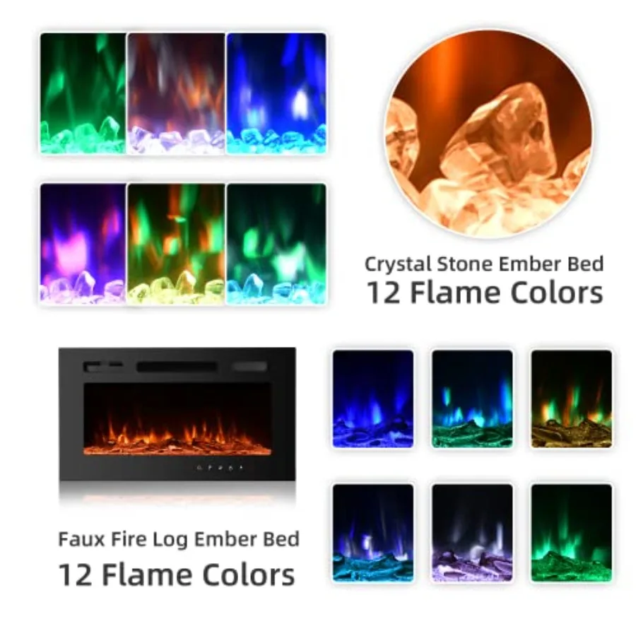 حامل تلفزيون عائم مثبت على الحائط مقاس 70 بوصة مع مدفأة كهربائية مقاس 36 بوصة مركز ترفيه عالي اللمعان مع مساحة تخزين 12 لون لهب He #3