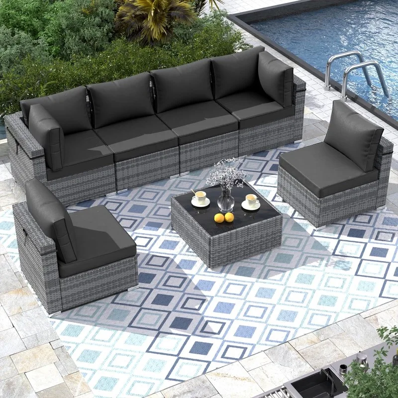 

Outdoor Patio Furniture Set 7 Pieces Sectional Rattan Sofa Set, PE Wicker Patio Conversation Set with 6 Seat