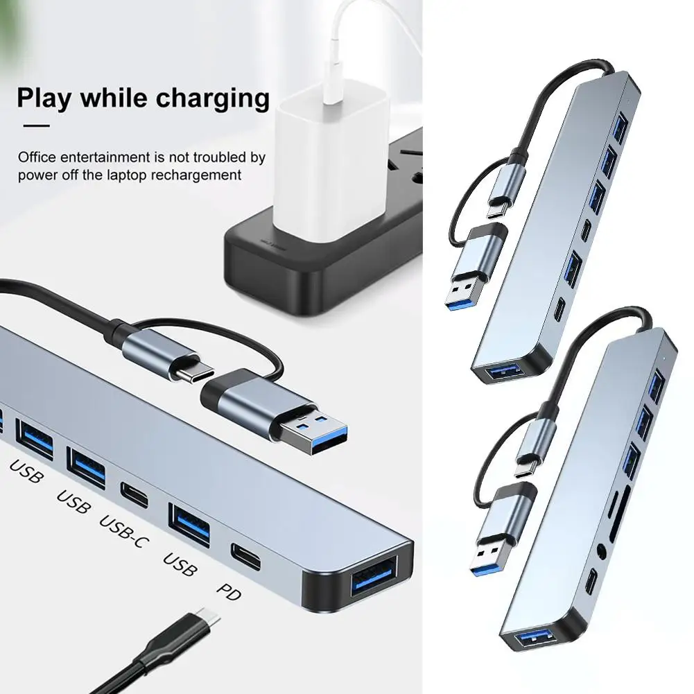 แท่นวางมือถือฮับ8ใน1 Type C พร้อมเครื่องอ่านการ์ดและเสียงสำหรับ PC HUB Dock Station 5Gbps ความเร็วสูง USB Splitter