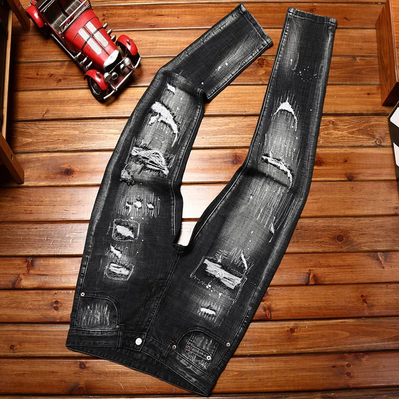 Street Motorcycle Men's Jeans2024New Slim Fit Feet Stretch Hole & Patch Personalized Washed All-Matching Long Pants