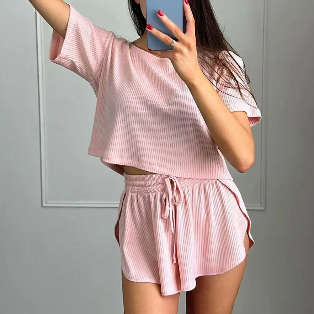 Women Pajama Set Stylish Women's Pajama Set Round Neck Short Sleeve T-shirt Elastic Waist Shorts Comfortable for Exercise