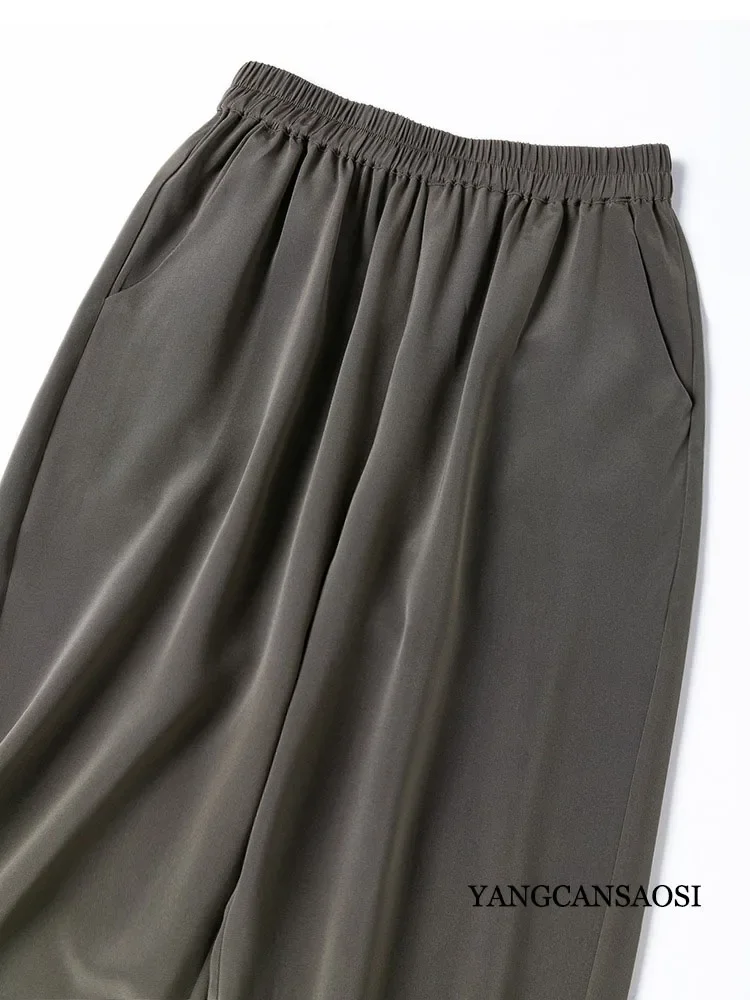 2025 Women's Fashion Clothing 26MM Heavy Weight 93% Natural Mulberry Silk Elastic Crepe Khaki Green Casual Cropped Pants