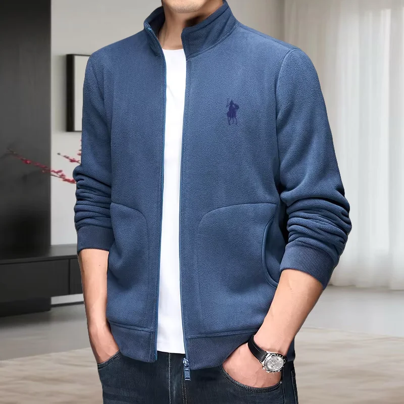 

Высококачественная осенне-зимняя новая бархатная теплая куртка с воротником-стойкой, мужская хит продаж, брендовый кардиган на молнии с вышивкой пони