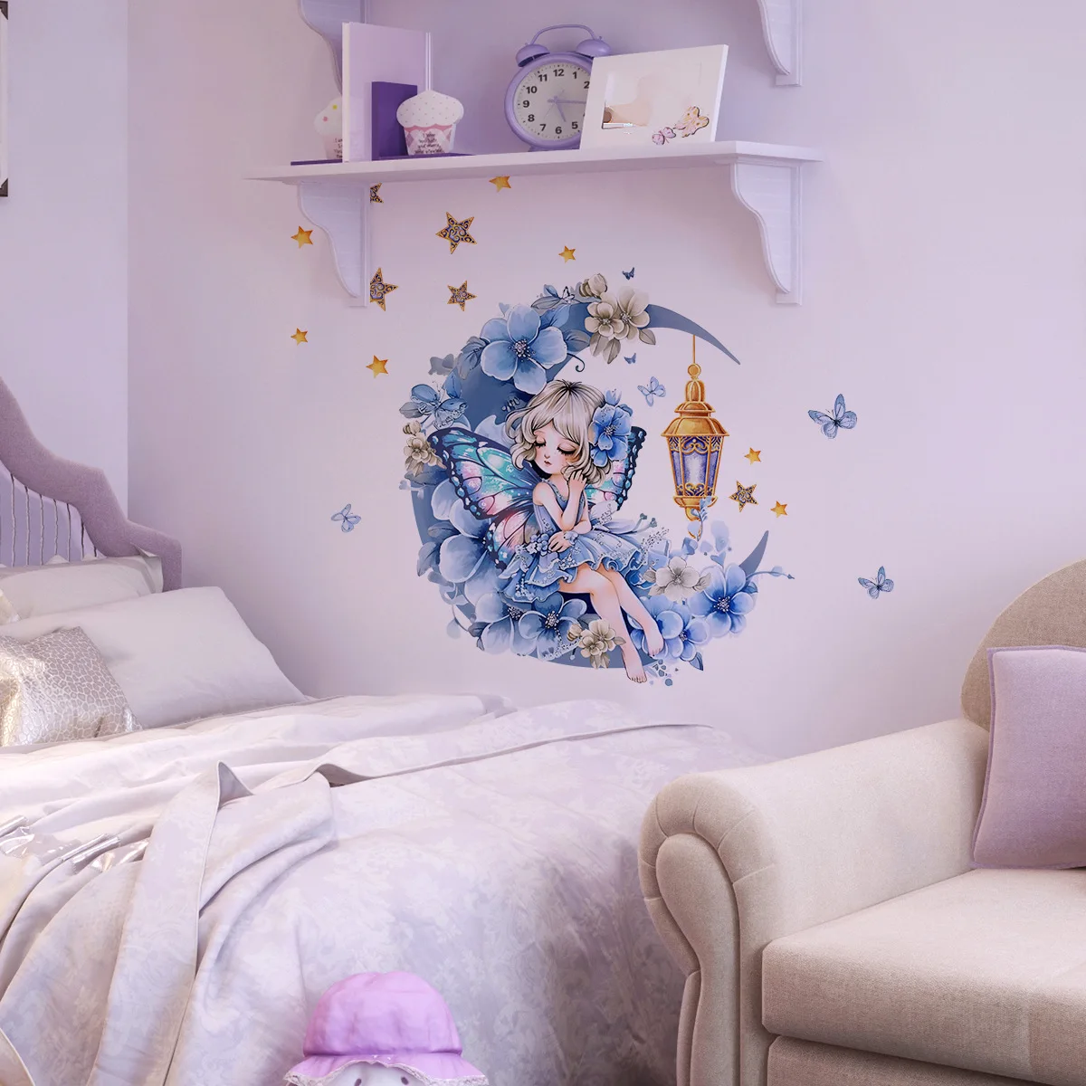 Moon Sleeper Girl Wall Sticker Stars Floral Removable Self-Adhesive PVC Home Decor Living Room, Bedroom