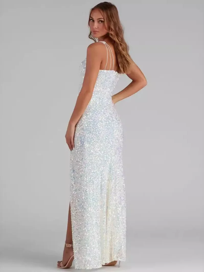 iny Pailletten Svel Split Single Strap Tight Par Dr Weißer langer Rock Dr H Version Polyester Winter Damen Faion