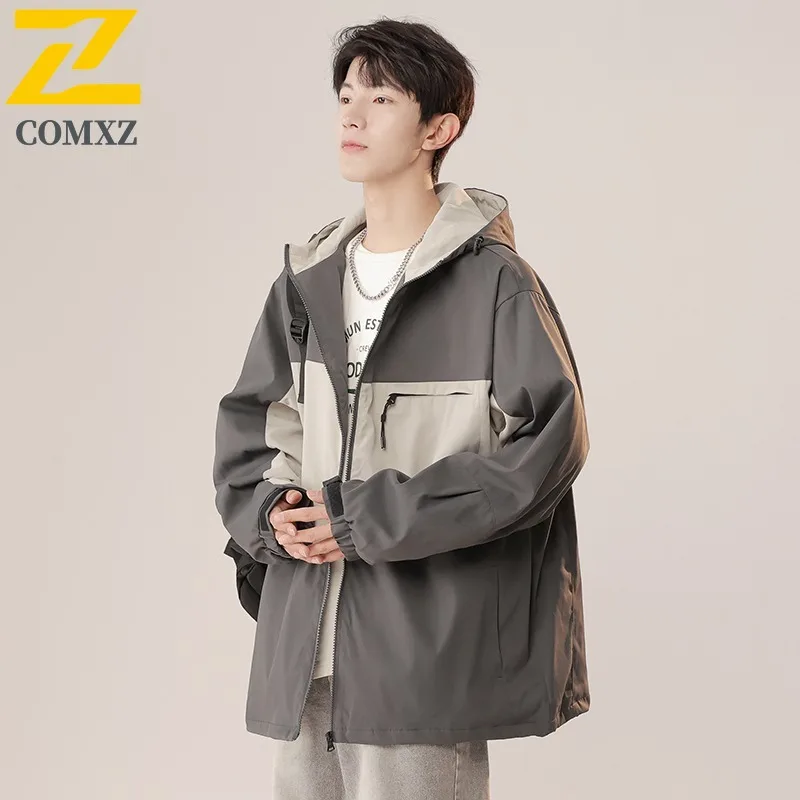 

COMXZ 2025 Men Hooded Jacket Autumn Fashion Loose Fit Casual Color Block Coat Waterproof Outerwear Street Style Urban Youth