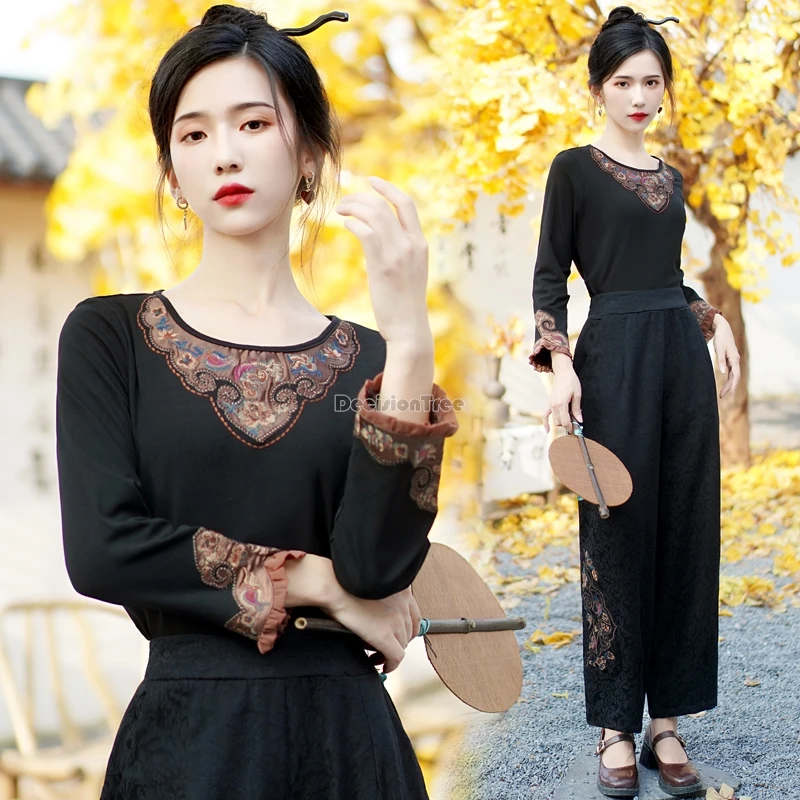 

2024 chinese ethnic national style new women's spring round collar seven-point sleeve applique embroidered cotton t-shirt t001