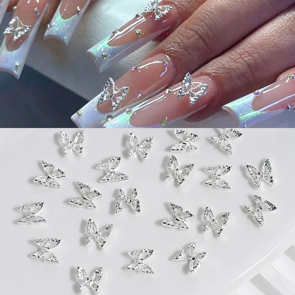 20 adet Glitter elmas kanatları Hollow kelebek tırnak Charms 3D kelebekler şekil Charms çivi için taşlar Nail Art dekorasyon malzemeleri