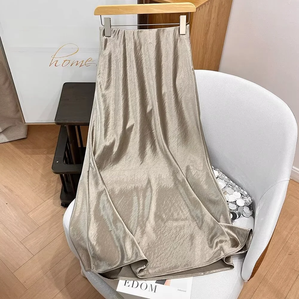 High Waist A-Line Satin Half Skirt Women's Clothing Slimming Long Dress Tailend Goods Label Cutting High Quality Polyester Fa...