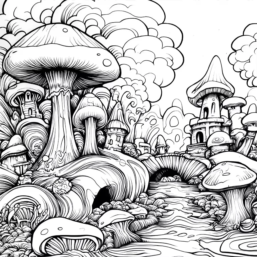 Mushroom World Colouring Book Adult Picture Book