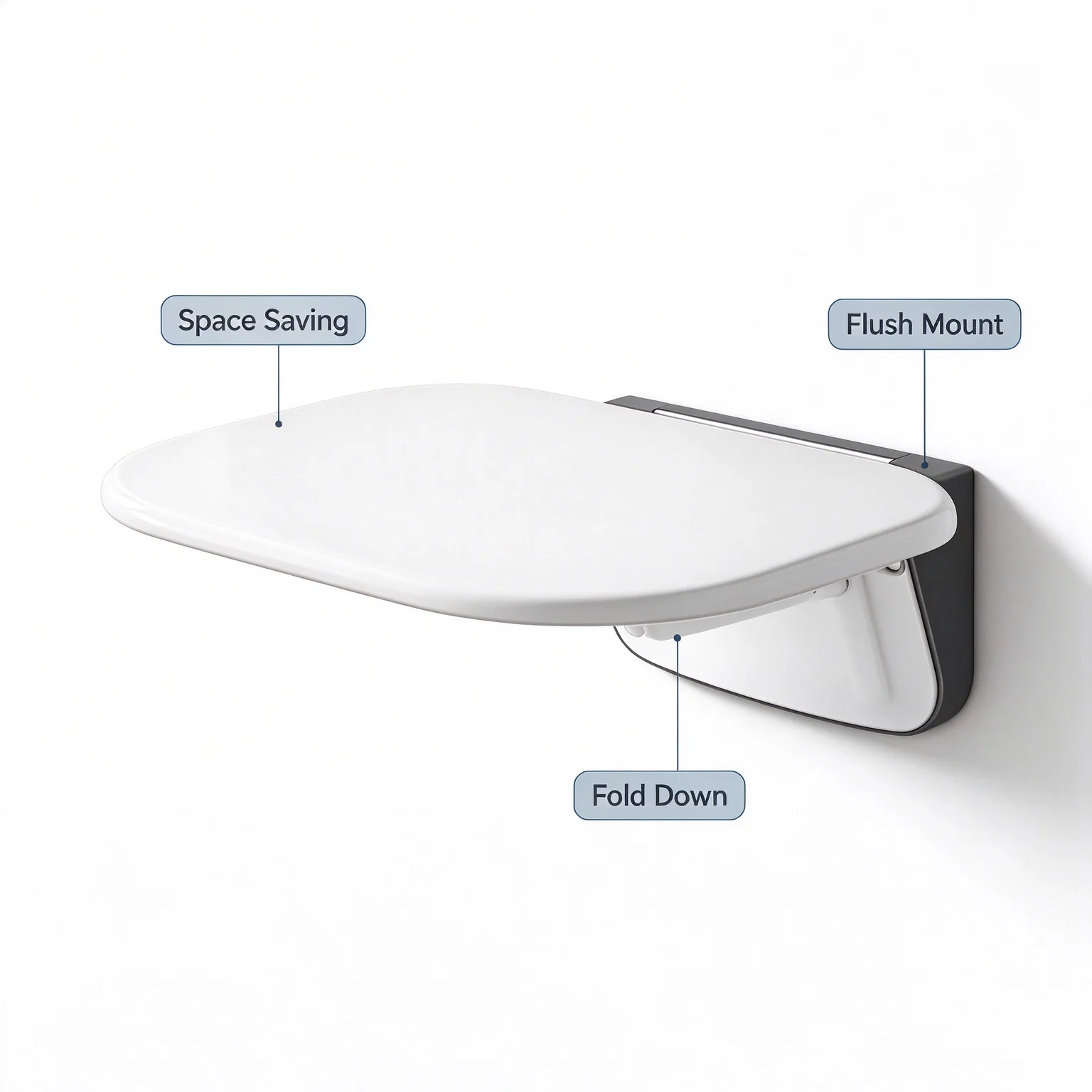 Fold-down Concealed Mount Shower Seat, Modern Minimalist Bath Stool, PP, Space Saving Heavy Duty Seat, Shower Bench, White