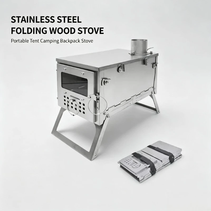 Stainless Steel Single Glass Foldable Portable Wood Stove - Outdoor Tent Camping Hiking Backpacking Stove