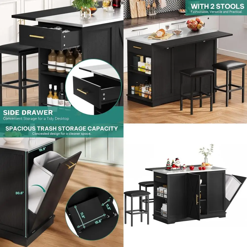 

Kitchen Islands with Seating, 47" Mobile Storage Island with Trash Can, Rolling Kitchen Island Cart with Drop Lea & Stainluntert