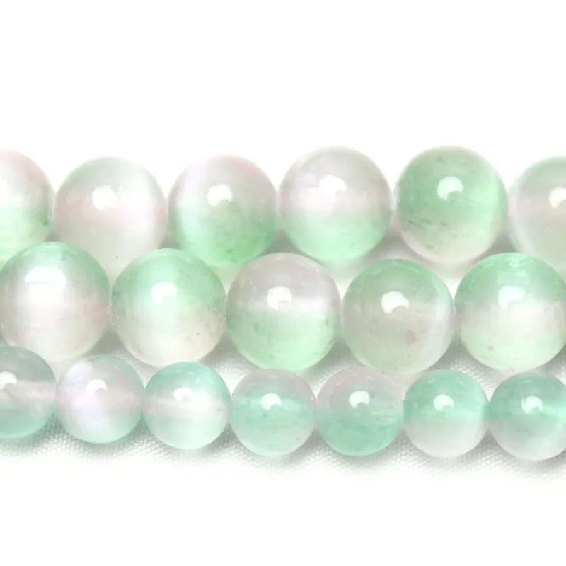 Genuine A+ Natural Gypsum Stone Beads Selenite Pink Green Cat Eye Stone Round Loose Beads For Diy Jewelry Making Bracelet 15