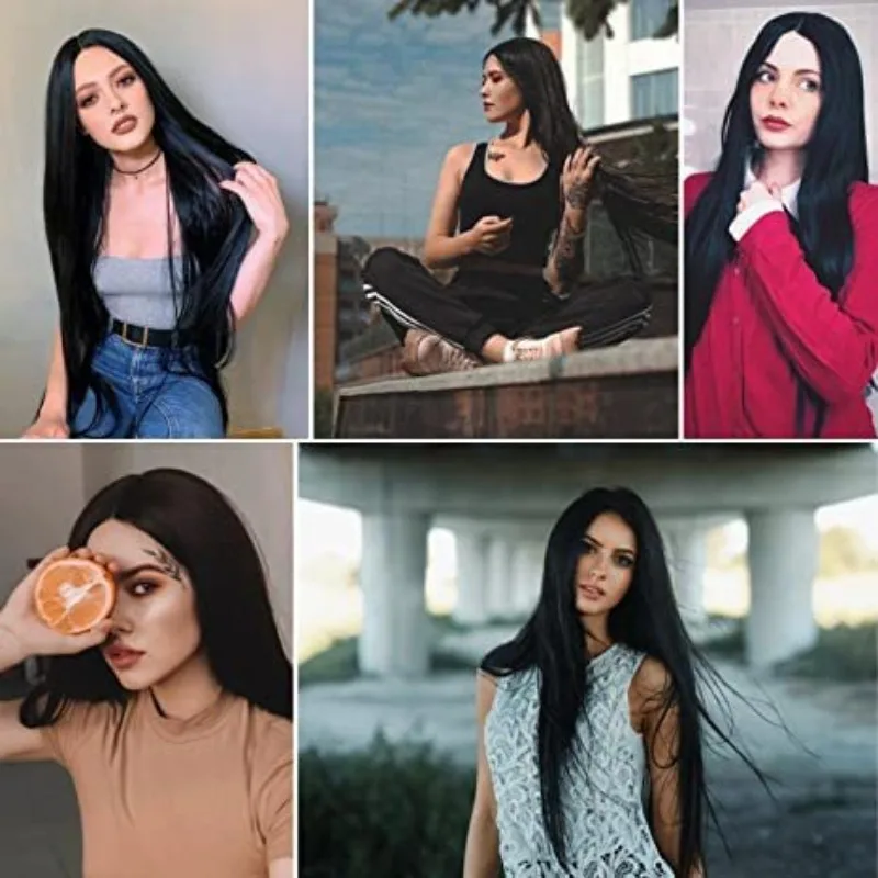 Peluca de Cosplay de mamá de la familia Addams, pelo largo negro de seda de alta temperatura, máscara de Halloween, bola, uso diario, cubierta de peluca