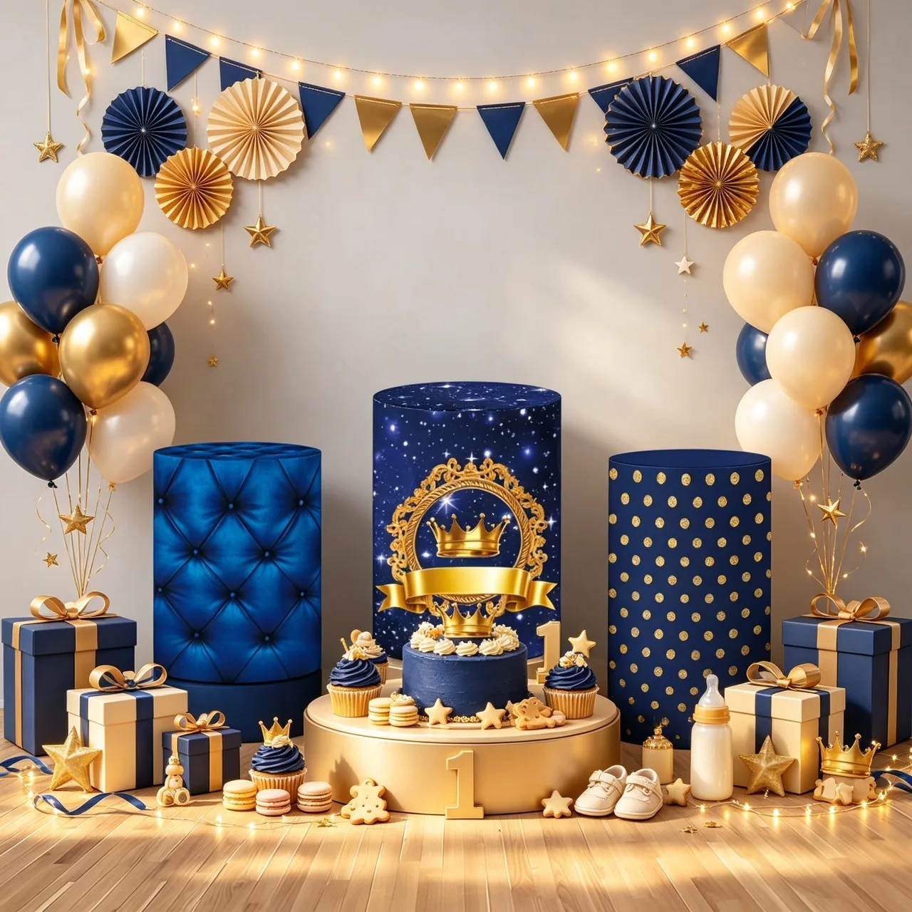 Mehofond Luxury Starry Sky Crown Diamond Grid Texture Cylinder Cover Gold Wave Dot For Boy 1st Birthday Shower Background Decor
