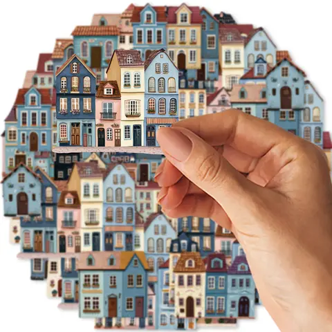 15pcs of Blue Town Simple Small House Building PET Stickers for Use Laptop Luggage Rooms Decoration Phone Cases Album Stickers 8 best sales lego stickers - №3
