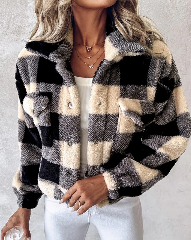 

New Fashion Women Simple Turn-Down Collar Fleece Teddy Jacket Female Clothes Autumn & Winter Women's Colorblock Casual Crop Coat