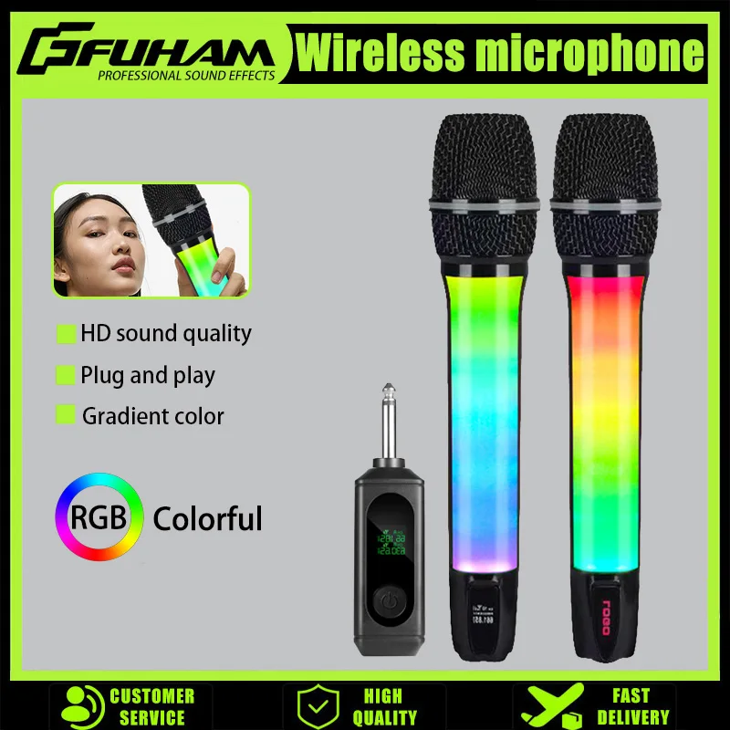 

Беспроводной динамический микрофон, 2-канальный микрофон с RGB-подсветкой, подходит для выступлений на вечеринках