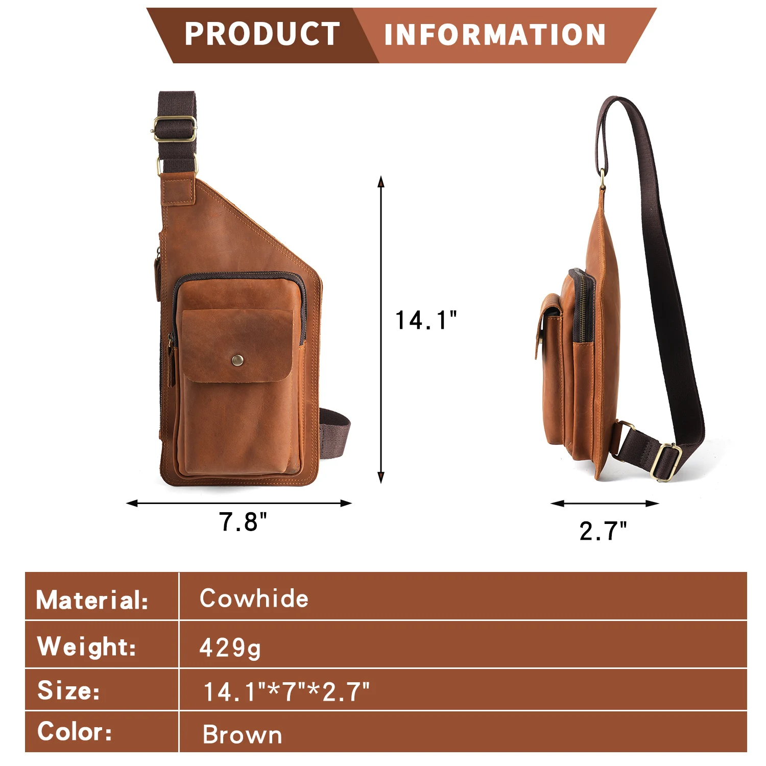 YATBEST Men's Crossbody Bag Leather Daily Commuter Large Capacity Retro Shoulder Bag Multi Pocket Chest Bag