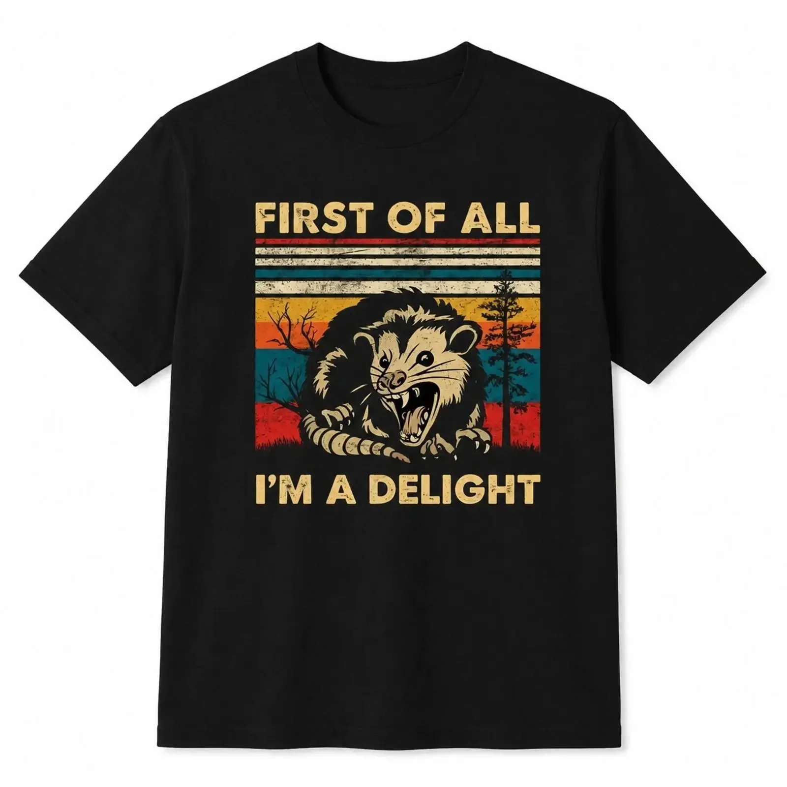 Camiseta First Of All I'm A Delight Divertida Zarigüeya Sarcástica Retro Puesta de Sol vintage Washed Stylish Stretched Soft