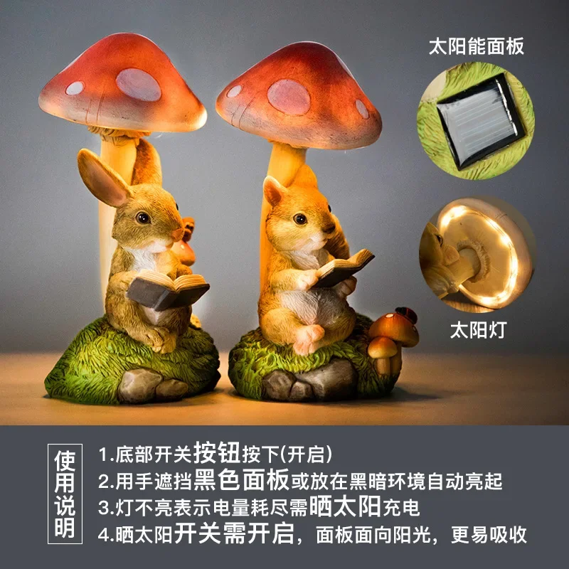 Resin Hedgehog Sculpture with Solar LED Lights Hedgehog Reading A Book on Mushroom Figurines