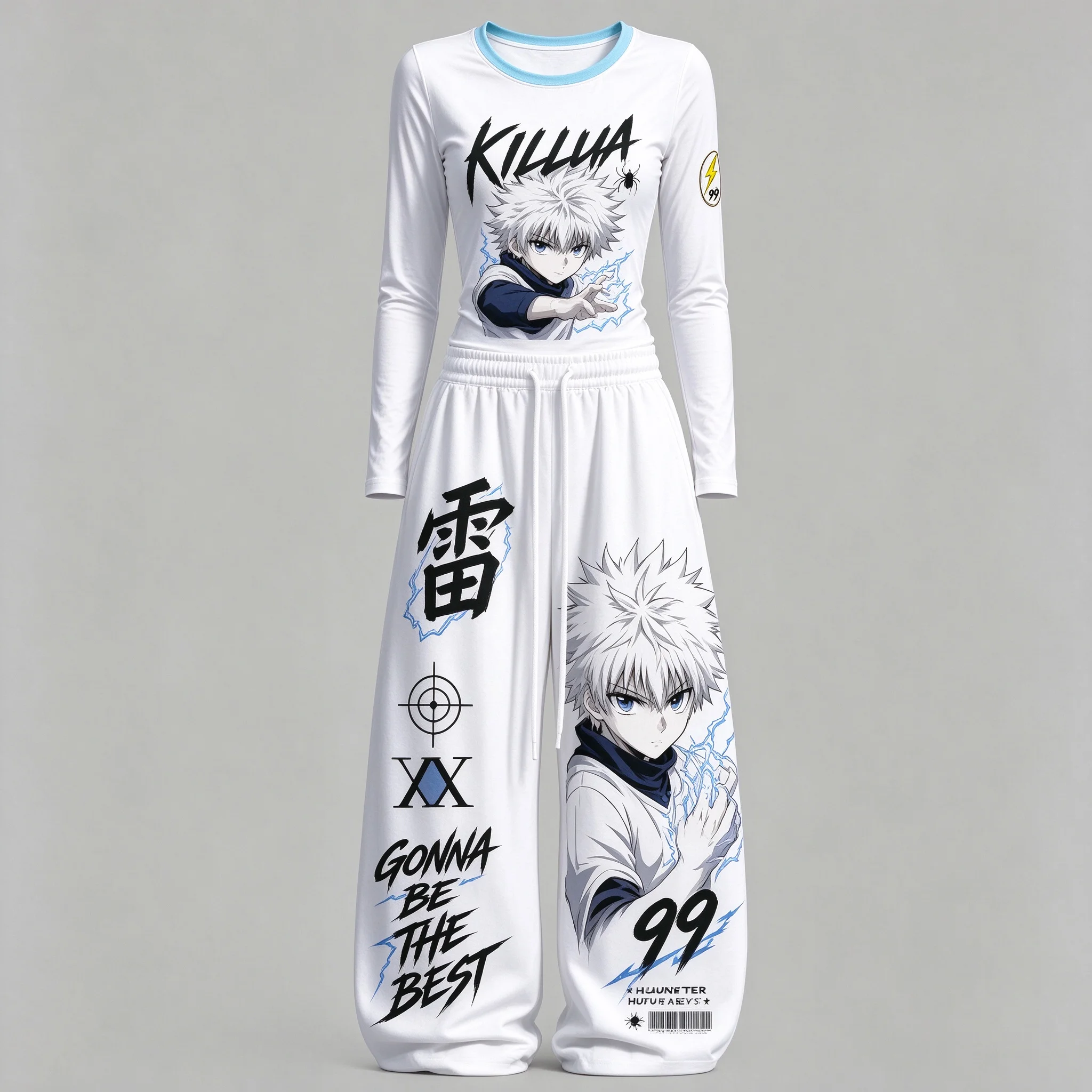 Full Time Hunter Little Jackie Kula Pica Anime Peripheral Set Long Sleeve Top Wide Leg Pants Street Anime Two Piece Set