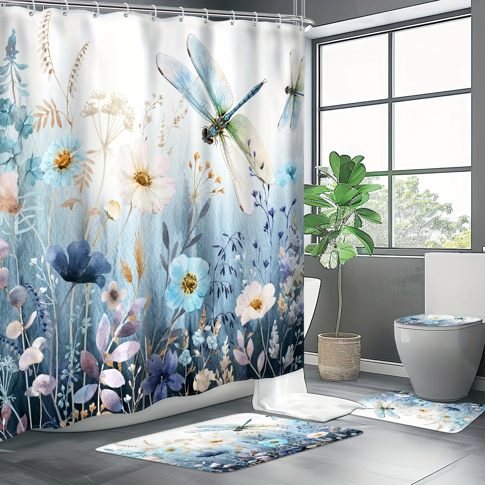 

Набор из 4 предметов - акварельный синий цветок, набор занавесок для душа, пасторальная стрекоза, цветок, растение, лист, современная занавеска для душа, противоскользящий коврик