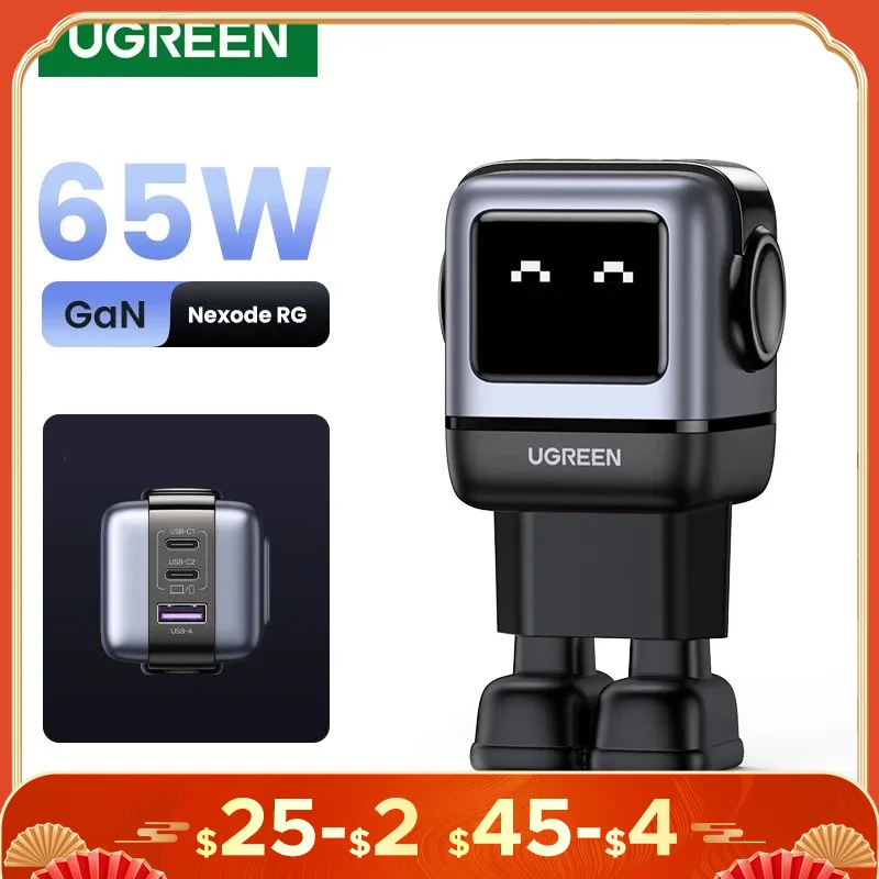 【New】UGREEN 65W GaN Charger Robot Design PD Fast Charger PPS PD3.0 for iPhone 16 15 14 Fast Charge for Xiaomi Laptop Macbook Pro