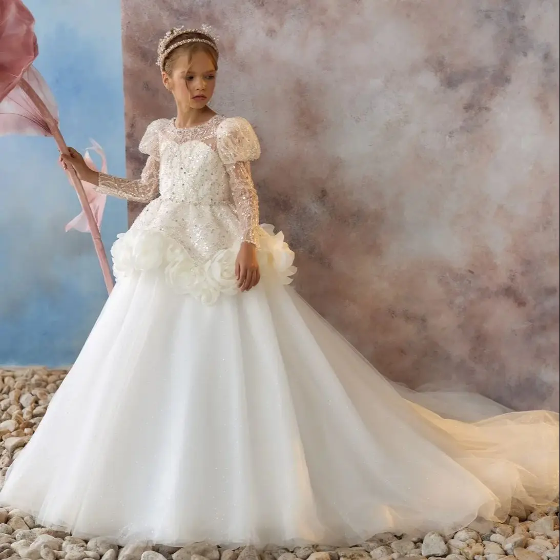 White Sequined Flower Girl Dresses For Wedding Customized Long Sleeve Litter Kids Baby Birthday Gowns First Communion Dresses