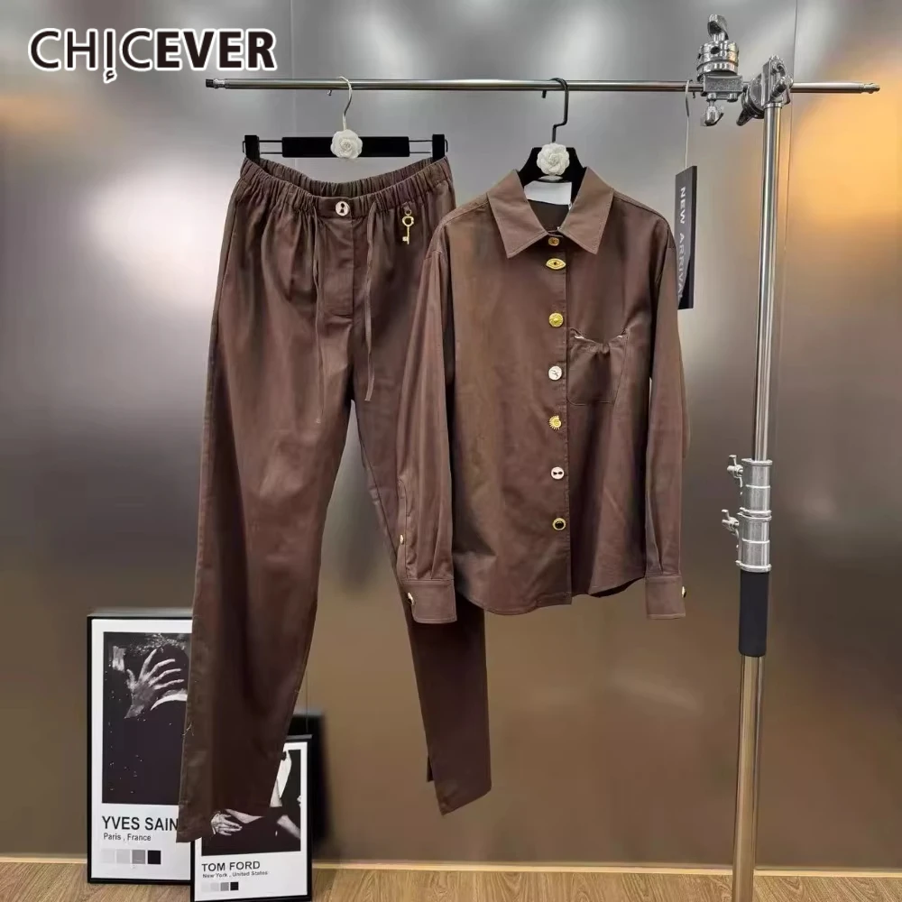 

CHICEVER Spliced Metal Buckles Two Piece Set for Women Lapel Long Sleeve Top High Waist Patchwork Drawstring Pants Suit Female