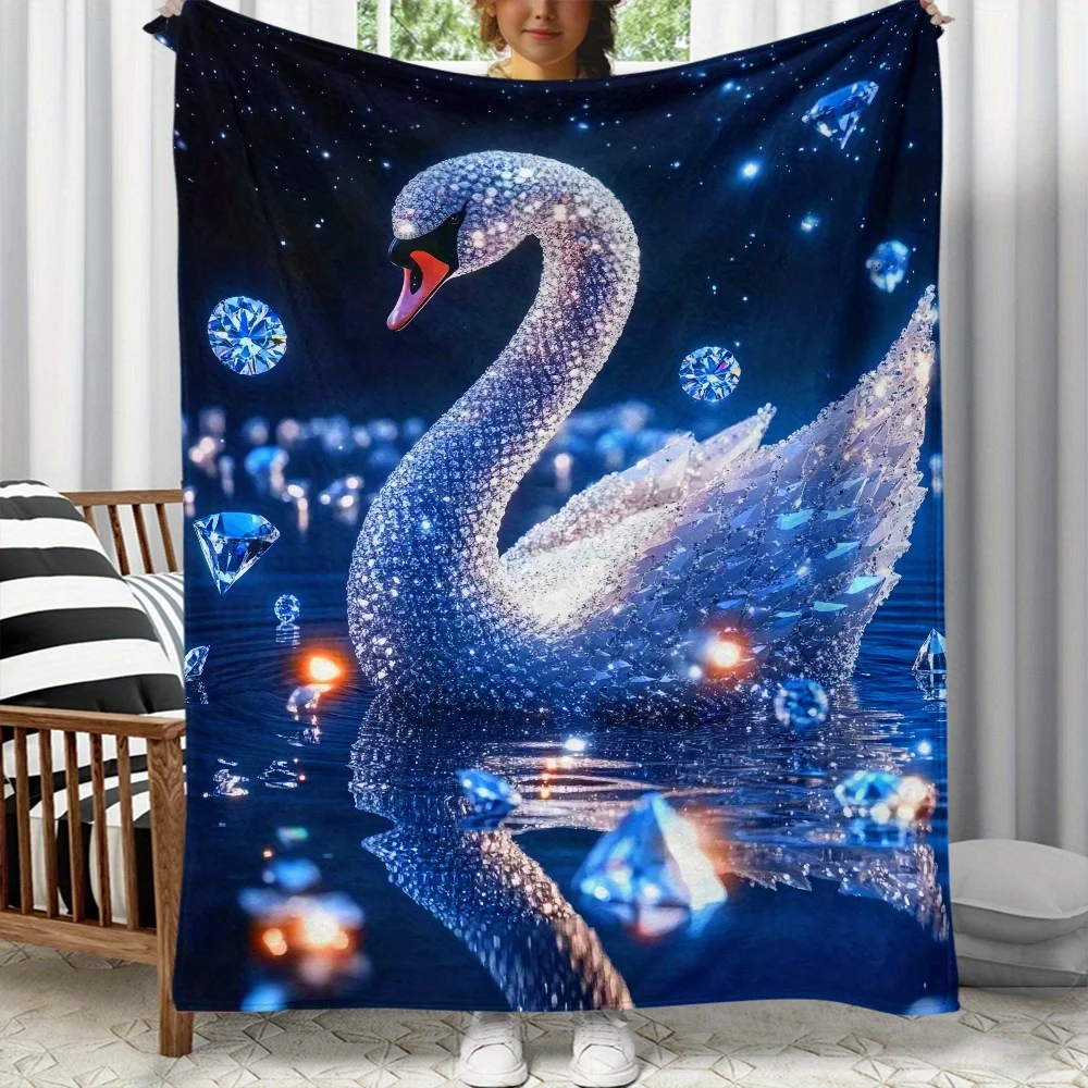 Diamond swan crystal water reflection blanket magical bird luxury blue glitter pattern fairy tale decor elegant bedroom hanging